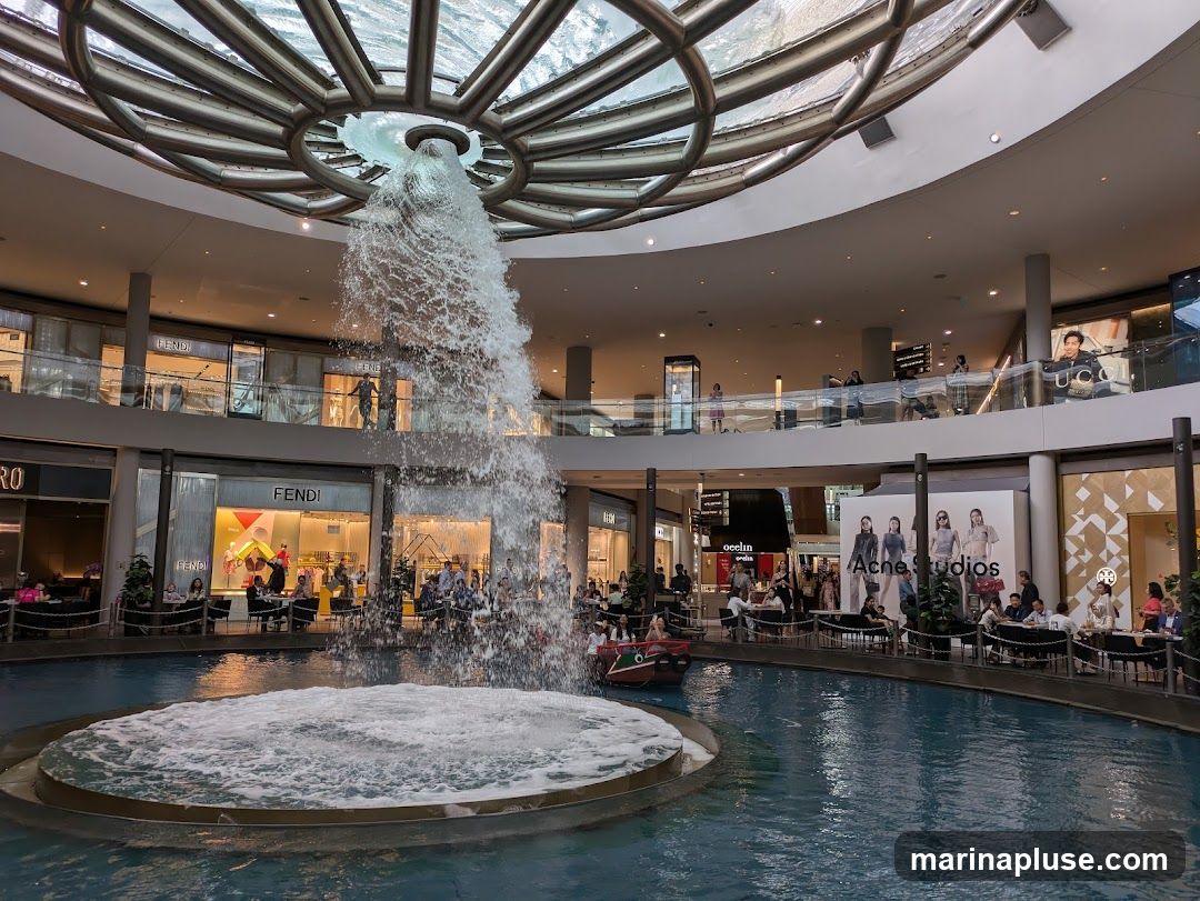 An indoor shopping mall features a large, multi-tiered water fountain in the center of a pool. Shops with visible signage, including Fendi and Acne Studios, are located on multiple levels around the fountain. People are seated at tables near the shops and some are in small boats on the water. The mall has a modern design with a large, circular, metallic ceiling structure.