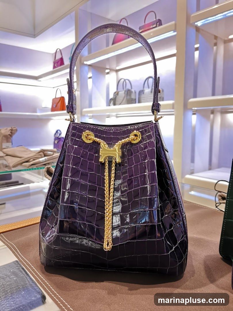 A close-up shot of a shiny purple crocodile-skin handbag with gold chain detailing and a gold clasp. The handbag is displayed on a brown surface, with shelves of other handbags visible in the background. The lighting is bright and highlights the texture of the crocodile skin.