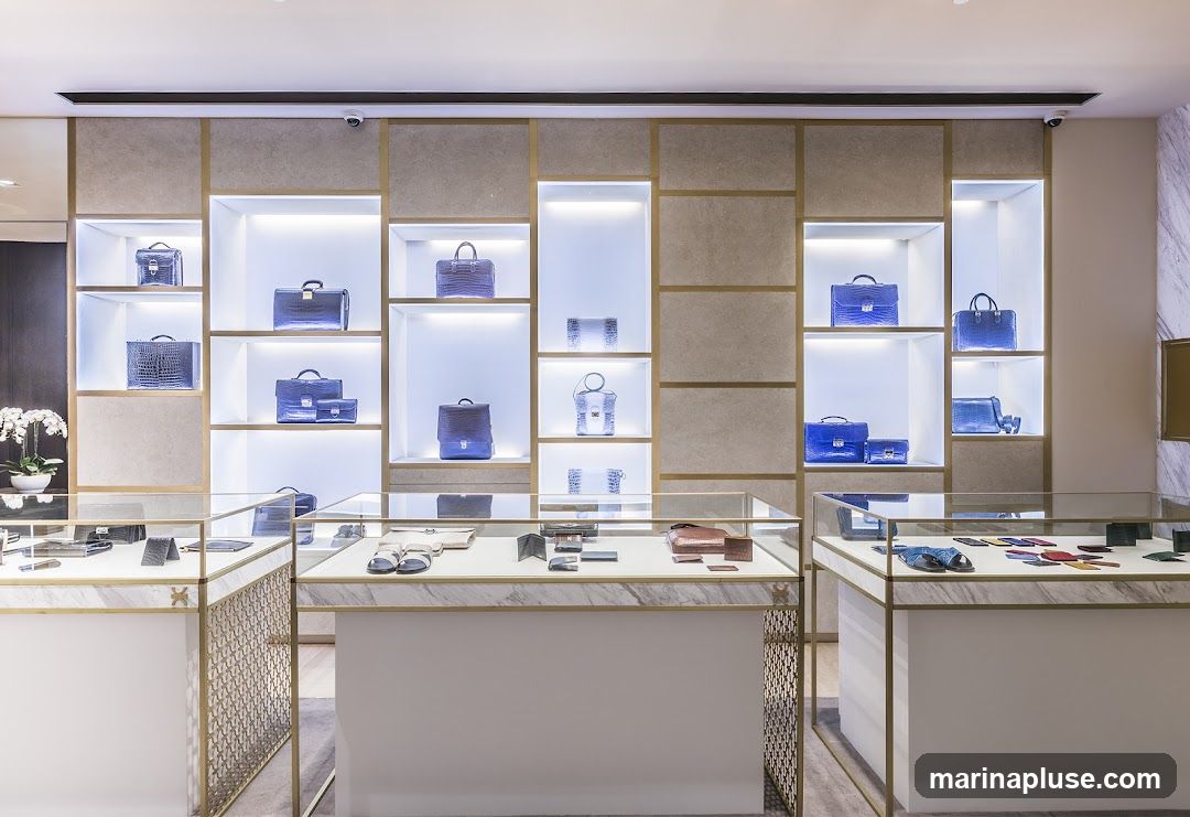 A well-lit interior of a luxury store showcasing a collection of handbags and accessories on shelves and in display cases. The shelves are illuminated with soft blue light, highlighting the texture and color of the handbags, which appear to be made of exotic leather. Display cases on the floor hold smaller items like wallets and cardholders. The overall aesthetic is modern and elegant, with marble accents and gold trim.