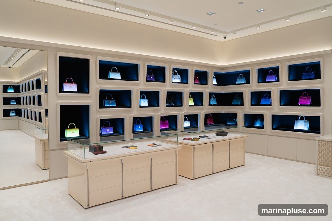 A brightly lit, modern retail interior showcasing a collection of luxury handbags displayed in illuminated niches along the walls. The handbags are in various colors, including pink, blue, green, and white. In the foreground, glass display cases exhibit smaller leather goods and accessories. The overall aesthetic is clean, minimalist, and high-end.