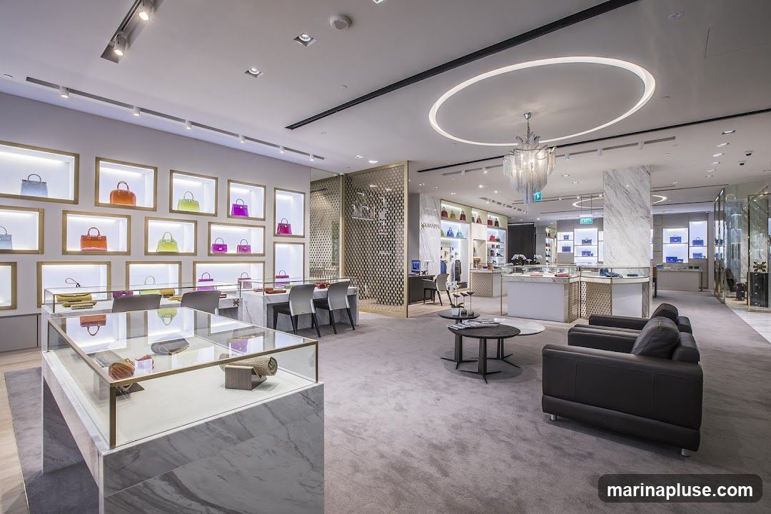 The interior of a high-end store displays a variety of colorful handbags on illuminated shelves. Display cases in the foreground showcase accessories. Seating areas with sofas and coffee tables are arranged throughout the spacious, well-lit store.