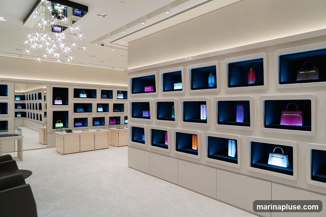 A brightly lit, modern luxury store interior showcasing a wide selection of handbags displayed in illuminated cubbies. The store features clean lines, neutral colors, and a minimalist aesthetic. Rows of handbags in various colors and textures are neatly arranged on shelves and in display cases. A unique starburst chandelier hangs from the ceiling, adding a touch of elegance.