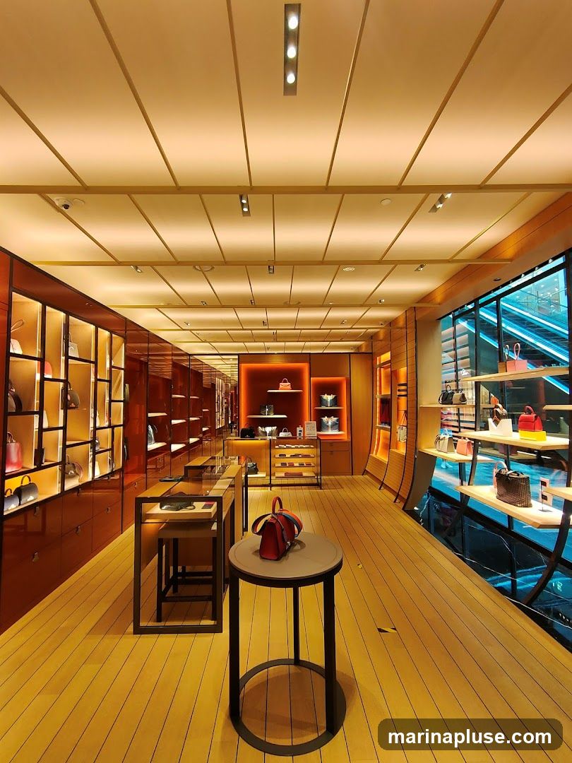 The interior of a high-end store displays various handbags on illuminated shelves and display tables. The store features warm wood flooring, orange-toned cabinetry, and modern lighting. A red handbag is prominently placed on a round display table in the foreground. Through a large window on the right, an escalator is visible.