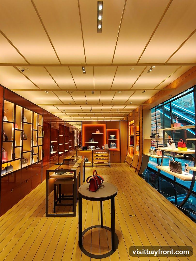 The interior of a high-end store displays various handbags on illuminated shelves and display tables. The store features warm wood flooring, orange-toned cabinetry, and modern lighting. A red handbag is prominently placed on a round display table in the foreground. Through a large window on the right, an escalator is visible.