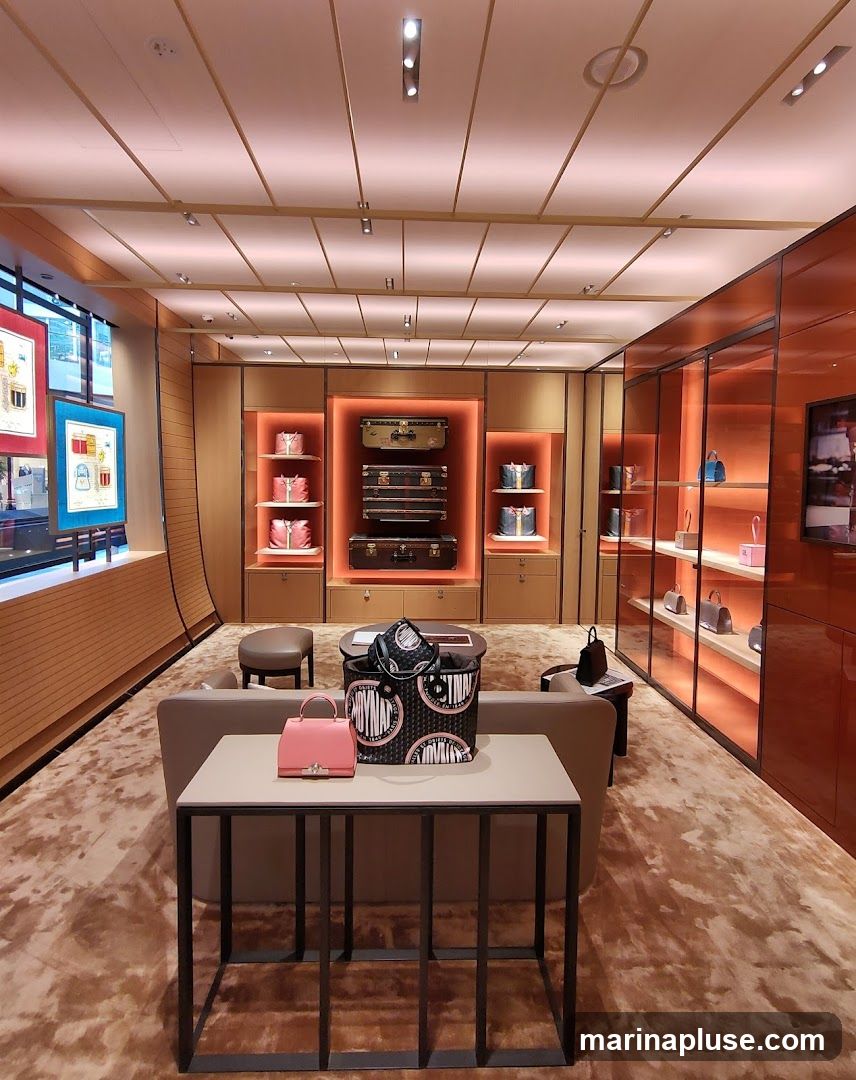 A well-lit interior of a luxury store showcasing handbags and luggage. In the center, a pink handbag and a patterned tote bag are displayed on a table. Behind them, a sofa and a round table hold more accessories. The back wall features shelves with various handbags and stacked vintage-style luggage. To the right, glass cabinets display more handbags on illuminated shelves. Framed artwork featuring bags is visible on the left wall.