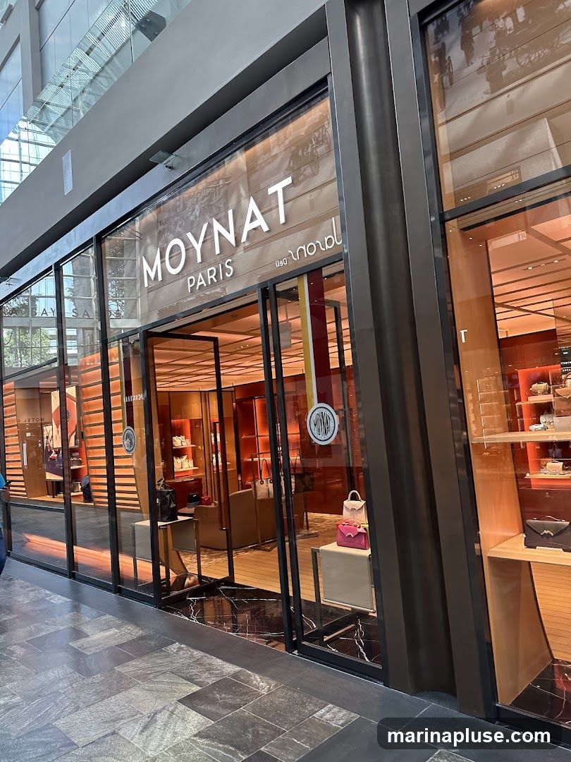 The exterior of a Moynat Paris store. The storefront features large glass windows and doors, with the brand name "MOYNAT PARIS" prominently displayed above the entrance. Inside, shelves display various handbags and accessories. The interior is illuminated with warm lighting, and the flooring is a mix of marble and patterned tiles.
