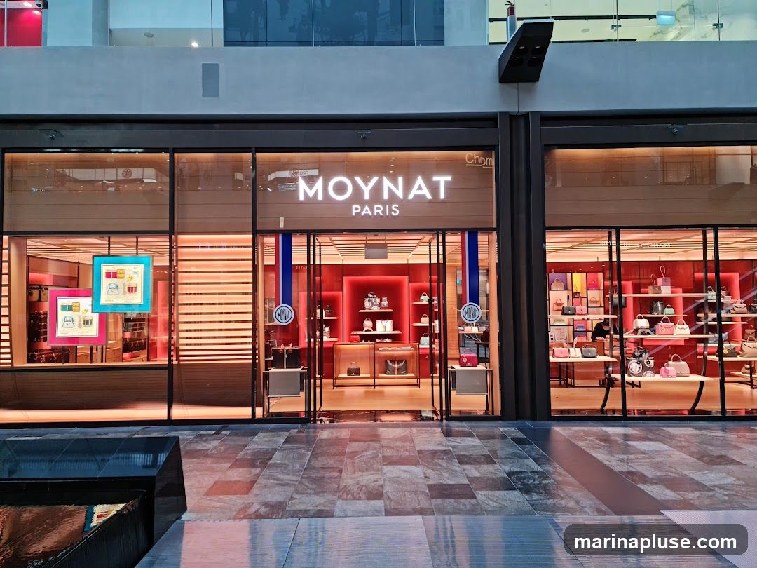 The exterior of a Moynat Paris store, featuring a large glass facade displaying handbags and accessories. The store's name, "MOYNAT PARIS", is prominently displayed in illuminated lettering above the entrance. Inside, shelves are filled with various handbags in different colors and sizes, illuminated by red lighting. Two framed artworks depicting handbags are displayed in the left window. The store is situated in a modern shopping area with a tiled walkway in front.