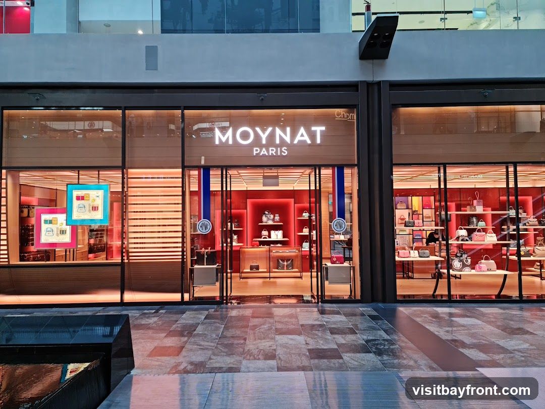 The exterior of a Moynat Paris store, featuring a large glass facade displaying handbags and accessories. The store's name, "MOYNAT PARIS", is prominently displayed in illuminated lettering above the entrance. Inside, shelves are filled with various handbags in different colors and sizes, illuminated by red lighting. Two framed artworks depicting handbags are displayed in the left window. The store is situated in a modern shopping area with a tiled walkway in front.