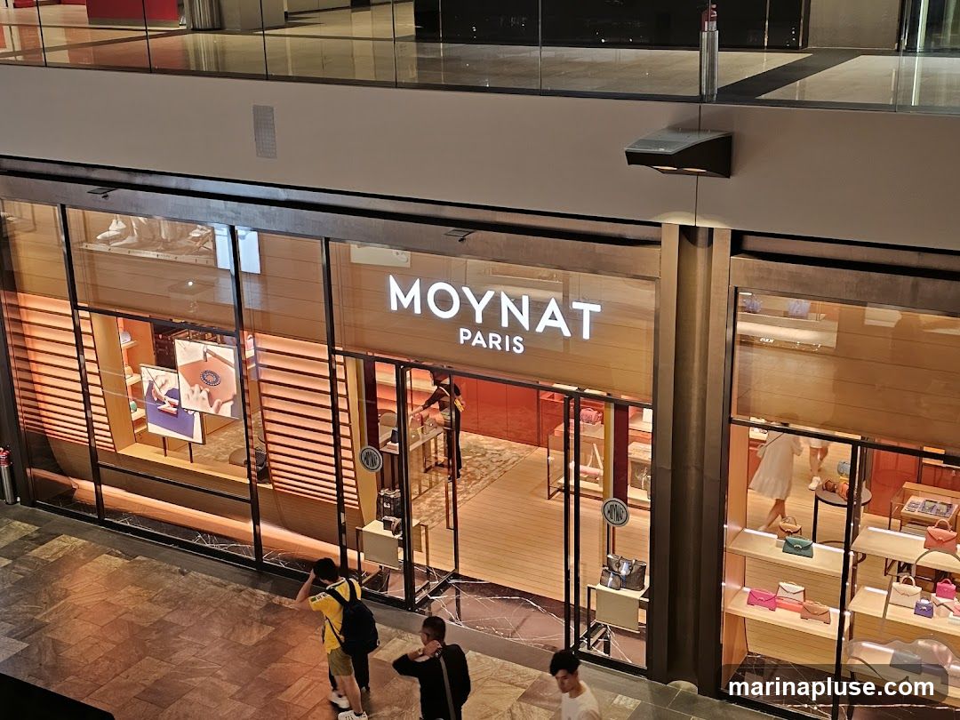 The exterior of a Moynat Paris store, featuring a large glass facade with the brand's name illuminated above the entrance. Inside, handbags and accessories are displayed on shelves and mannequins. The store has a modern and luxurious interior design with wooden floors and warm lighting. Several people are seen browsing the merchandise.