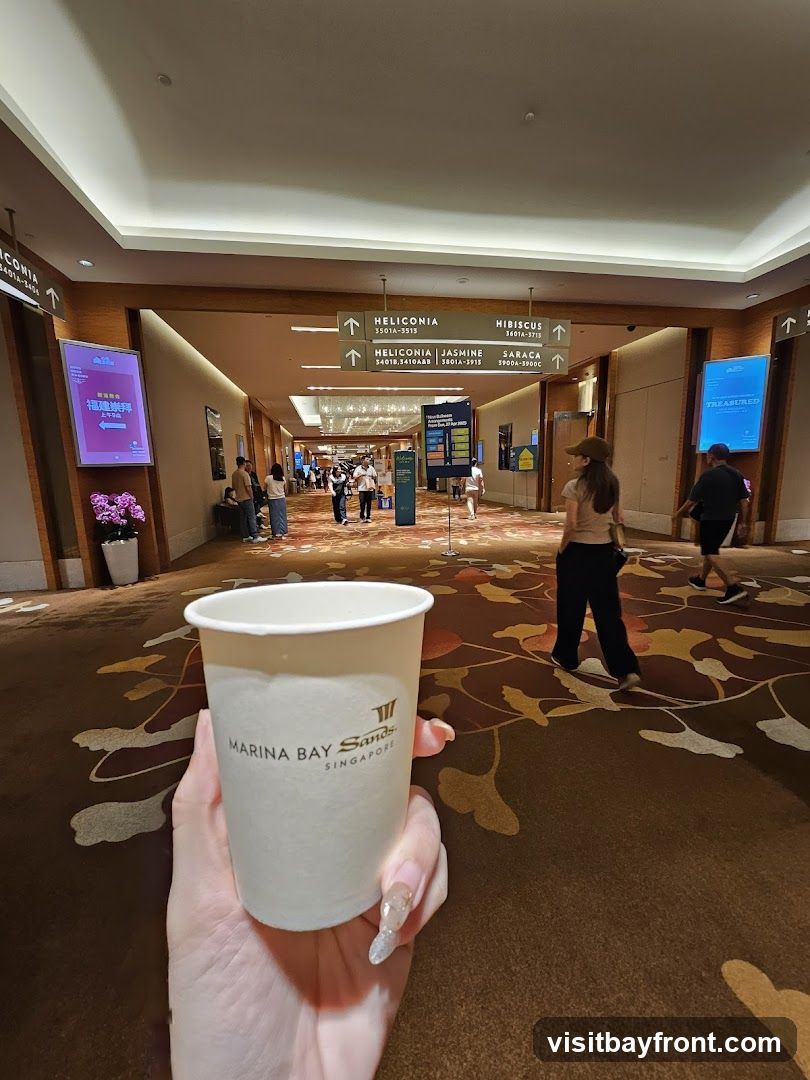 A hand holds a paper cup with the Marina Bay Sands logo. The cup is in the foreground, with a wide hallway stretching into the distance. Signage indicating directions to various areas like Heliconia, Hibiscus, and Saraca are visible on the ceiling. People are walking in the hallway, and digital screens display information. The floor is carpeted with a floral pattern.