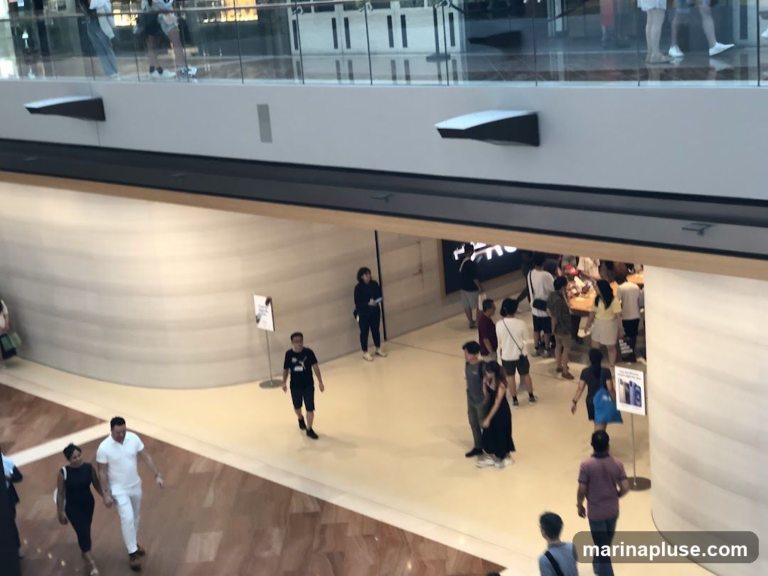A busy mall interior with shoppers walking around. In the foreground, a couple walks hand-in-hand. Further back, a group of people are gathered around a store entrance with a prominent sign. Another person in a black Puma shirt walks by.