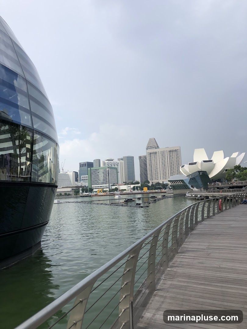 A view of a waterfront promenade with a large, curved glass building on the left. In the background, a cityscape with various modern buildings and a distinctive lotus-shaped structure is visible across the water. The sky is overcast.