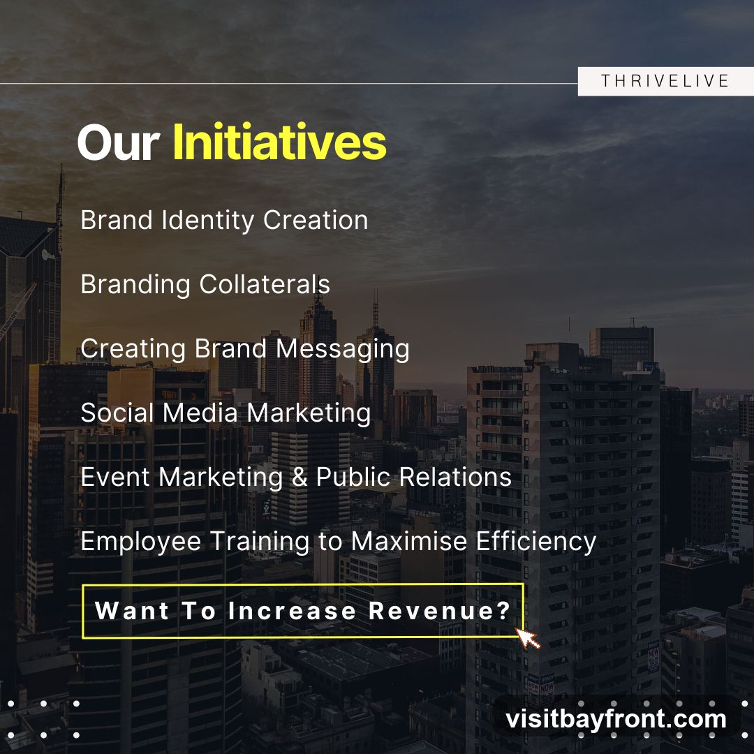A dark, moody image of a cityscape at dusk or dawn. Overlayed on the image are text elements listing various business initiatives. The title "Our Initiatives" is prominent in yellow, followed by a list of services: Brand Identity Creation, Branding Collaterals, Creating Brand Messaging, Social Media Marketing, Event Marketing & Public Relations, and Employee Training to Maximise Efficiency. At the bottom, a yellow-outlined question reads "Want To Increase Revenue?". The company name "THRIVELIVE" is visible in the top right corner.
