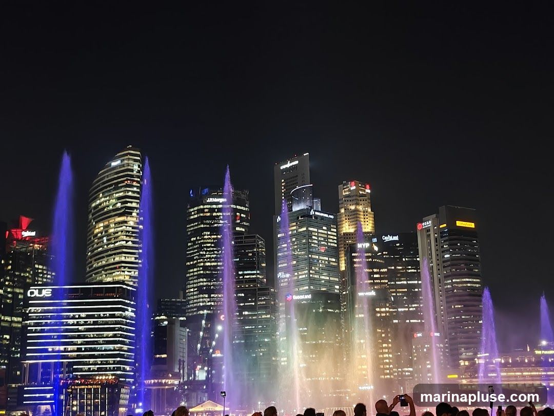 A nighttime view of a city skyline featuring illuminated skyscrapers and a vibrant water fountain show. The fountains are lit with colorful lights, creating a spectacular display against the dark sky. People are visible in the foreground, watching the show.