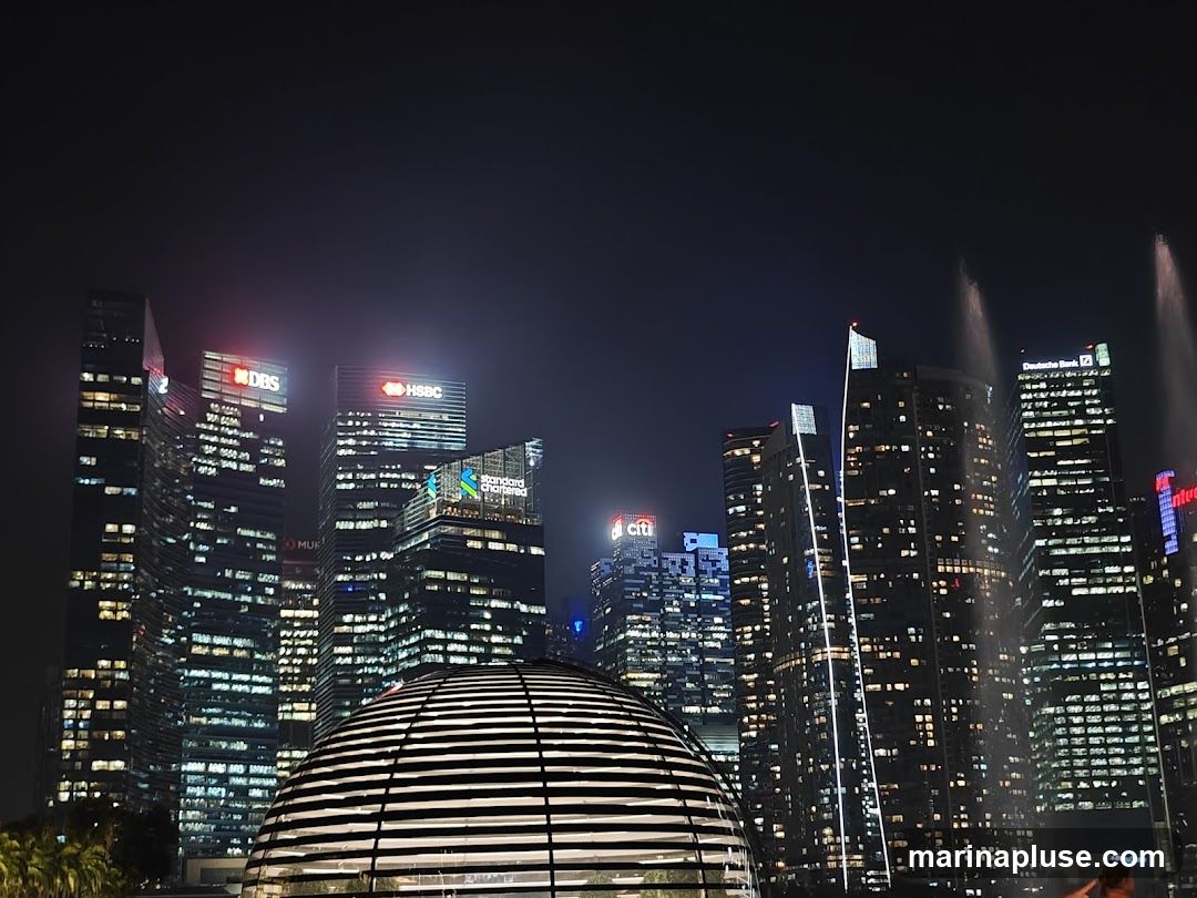 A nighttime view of a modern city skyline featuring numerous illuminated skyscrapers. Prominent building signs include DBS, HSBC, Standard Chartered, and Citi. In the foreground, a domed structure with a striped pattern is visible, and water fountains are spraying upwards on the right side of the image.