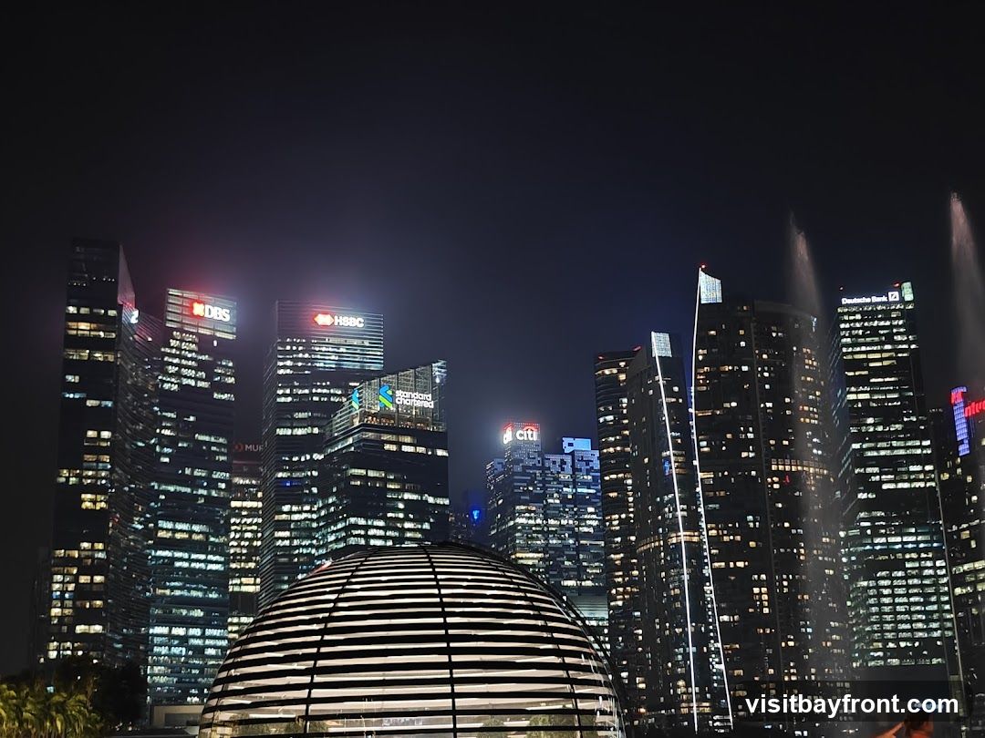 A nighttime view of a modern city skyline featuring numerous illuminated skyscrapers. Prominent building signs include DBS, HSBC, Standard Chartered, and Citi. In the foreground, a domed structure with a striped pattern is visible, and water fountains are spraying upwards on the right side of the image.