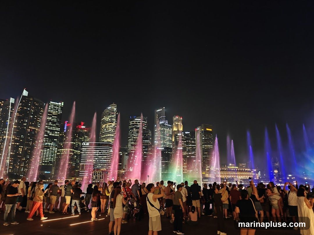 A crowd of people watches a vibrant fountain show at night, with colorful water jets illuminated against a backdrop of a modern city skyline. The buildings are lit up, creating a dazzling display.