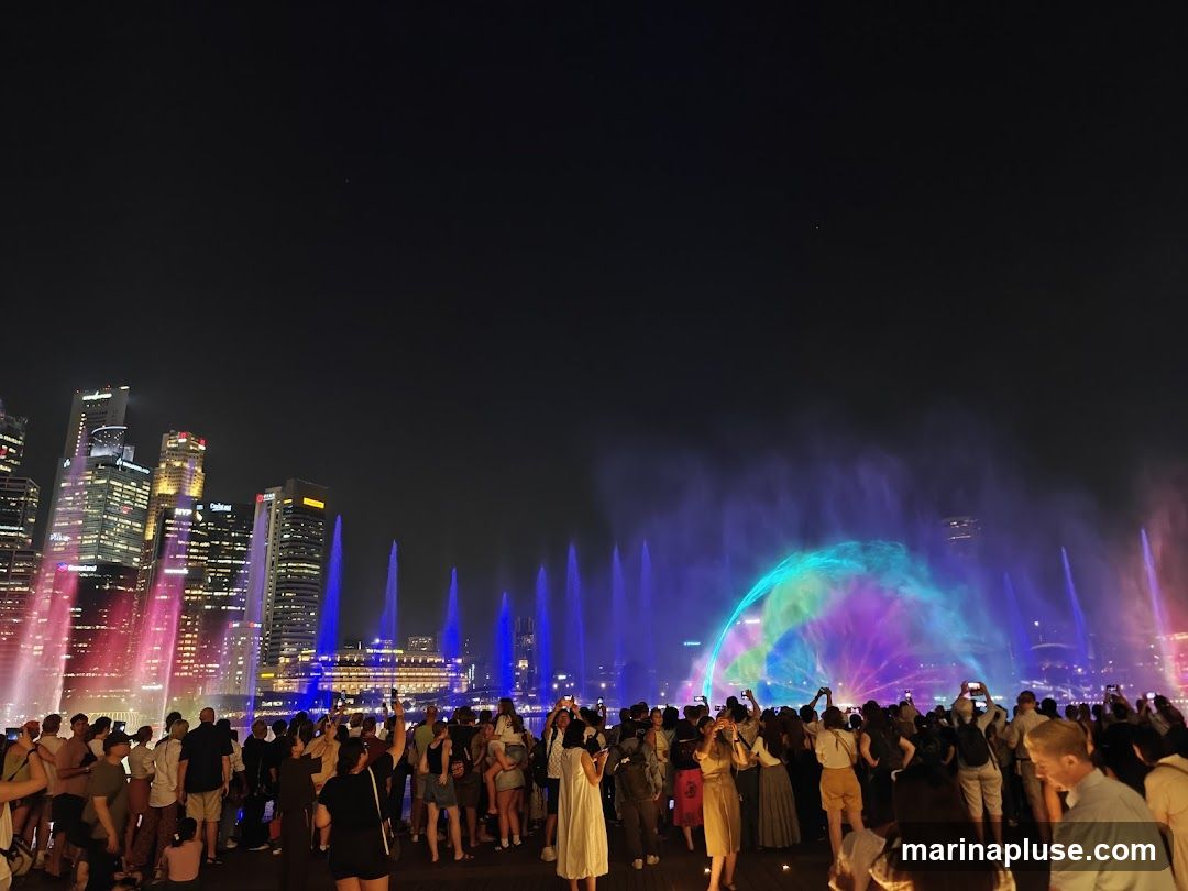 A large crowd gathers at night to watch a vibrant water and light show. Tall buildings with illuminated windows form a cityscape in the background. The water jets are lit with colorful lights, creating a dazzling display of blues, purples, pinks, and greens, with a prominent rainbow-like arc in the center. People are holding up their phones to capture the event.