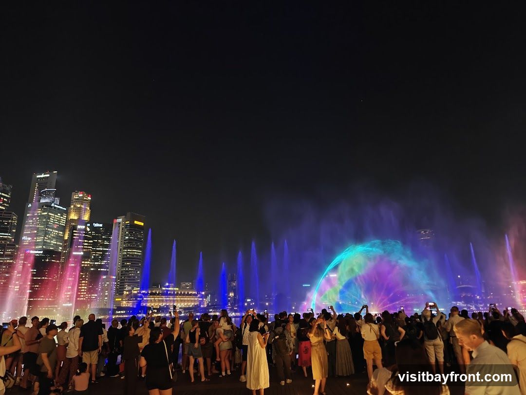 A large crowd gathers at night to watch a vibrant water and light show. Tall buildings with illuminated windows form a cityscape in the background. The water jets are lit with colorful lights, creating a dazzling display of blues, purples, pinks, and greens, with a prominent rainbow-like arc in the center. People are holding up their phones to capture the event.