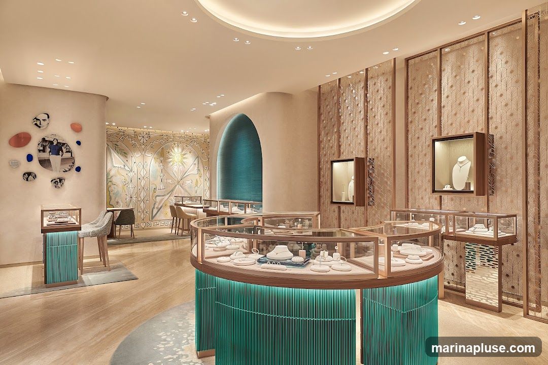 The interior of a luxurious jewelry store is depicted, featuring elegant display cases filled with necklaces, bracelets, and earrings. The store has a modern and sophisticated design with curved counters, soft lighting, and decorative wall art. A large arched entryway leads to a teal-colored textured wall. The overall ambiance is one of exclusivity and high-end retail.