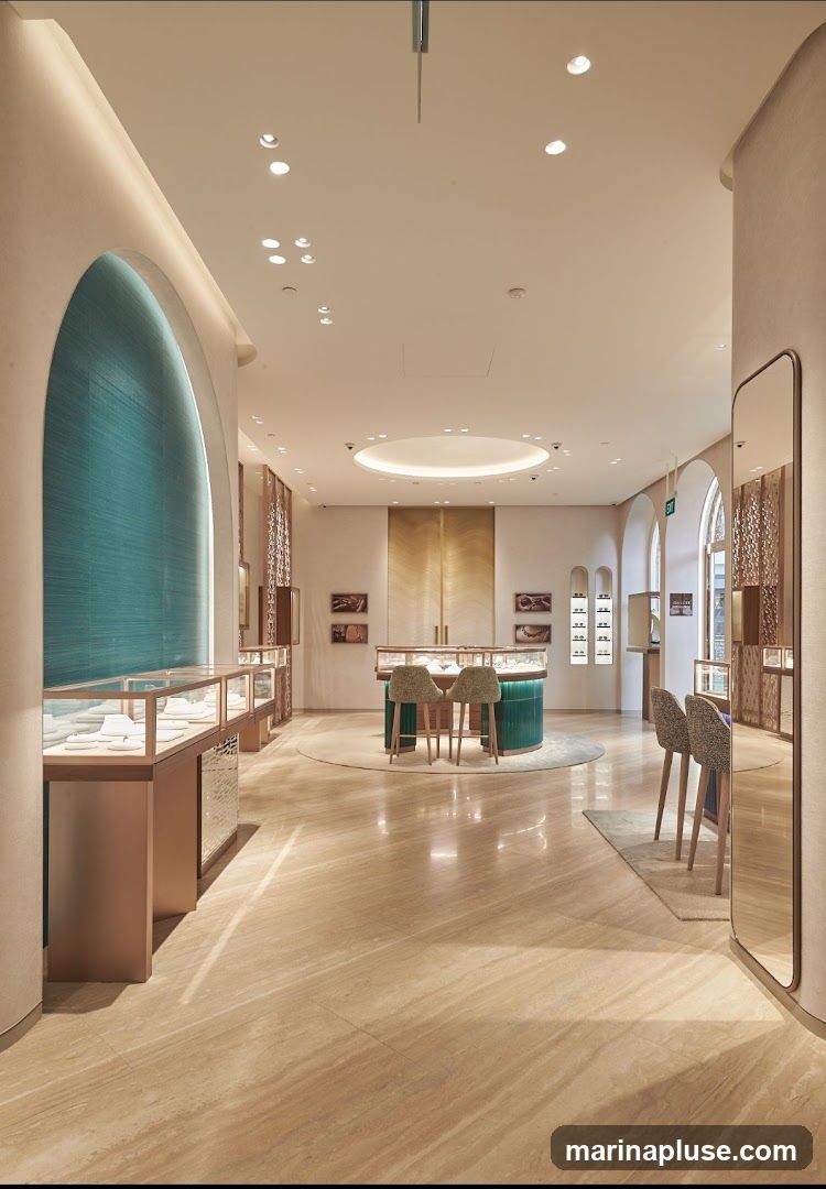 The interior of a high-end jewelry store features elegant display cases filled with jewelry, a central circular counter with seating, and a large mirror. The decor includes arched doorways, textured walls, and polished marble floors, creating a sophisticated and inviting atmosphere.