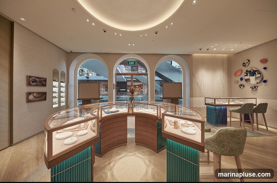 A luxurious jewelry store interior with curved display cases filled with jewelry. The store features elegant lighting, modern decor, and seating areas. Through arched openings, a shopping mall interior is visible, including escalators and other shops.