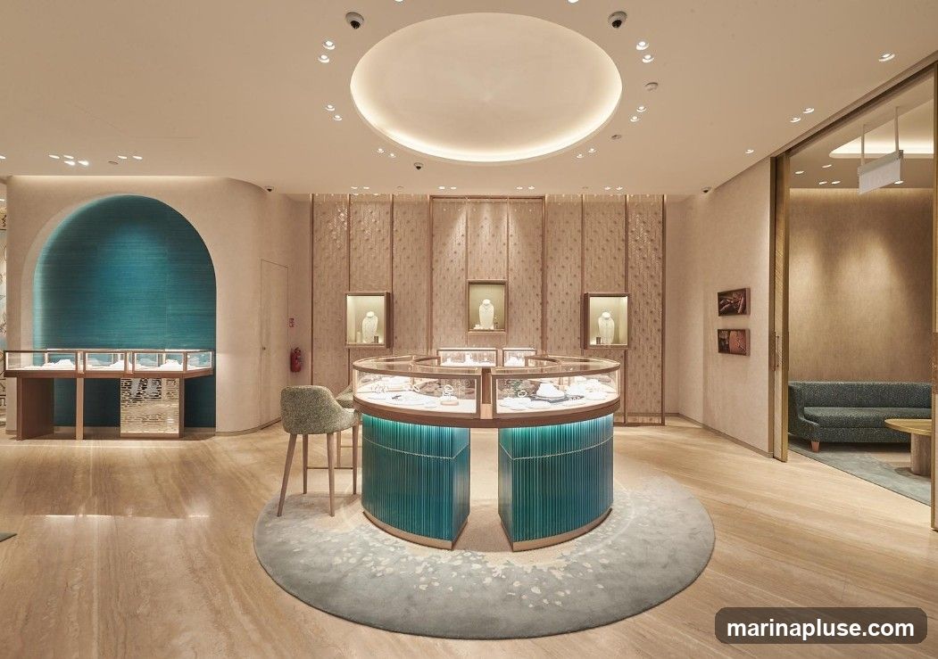 The interior of a modern jewelry store with elegant displays. A circular display case with jewelry is centrally located, surrounded by a light-colored rug. To the left, an arched alcove features a teal textured wall and a display counter. The back wall has several illuminated display boxes showcasing necklaces on stands. A sofa and a small table are visible in a seating area to the right.
