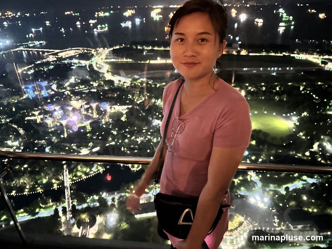 A woman in a pink v-neck shirt stands on a balcony overlooking a brightly lit cityscape at night. The city lights create a vibrant backdrop, with numerous buildings, bridges, and boats visible. The woman is looking towards the camera with a slight smile. She is wearing glasses on her shirt and carrying a black purse. The perspective suggests she is on a high vantage point, possibly a rooftop bar or observation deck.