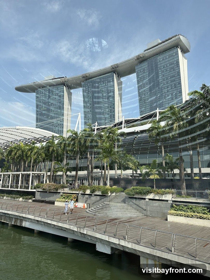 A wide shot of the Marina Bay Sands hotel in Singapore on a sunny day. The iconic building, with its three towers topped by a ship-like structure, is visible in the background. In the foreground, a waterfront promenade with palm trees and a body of water can be seen. Several people are walking along the promenade.
