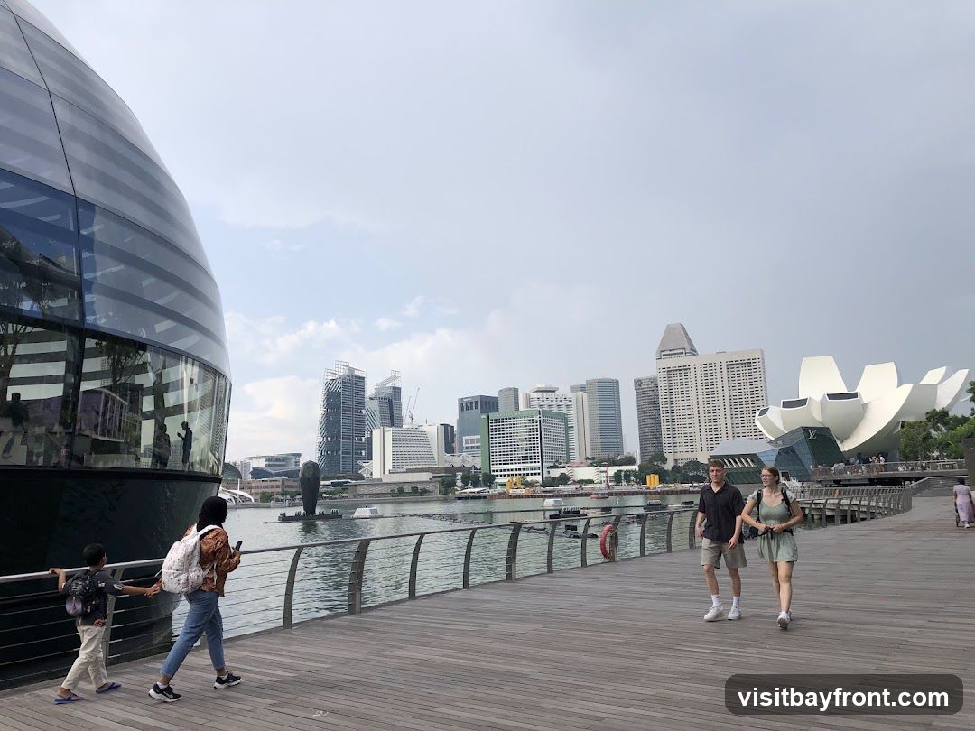 A group of people are walking on a wooden boardwalk next to a body of water. On the left, a large, modern, glass-enclosed building with a curved facade is visible. In the background, a city skyline with numerous skyscrapers and a distinctive lotus-shaped building can be seen. The sky is overcast.