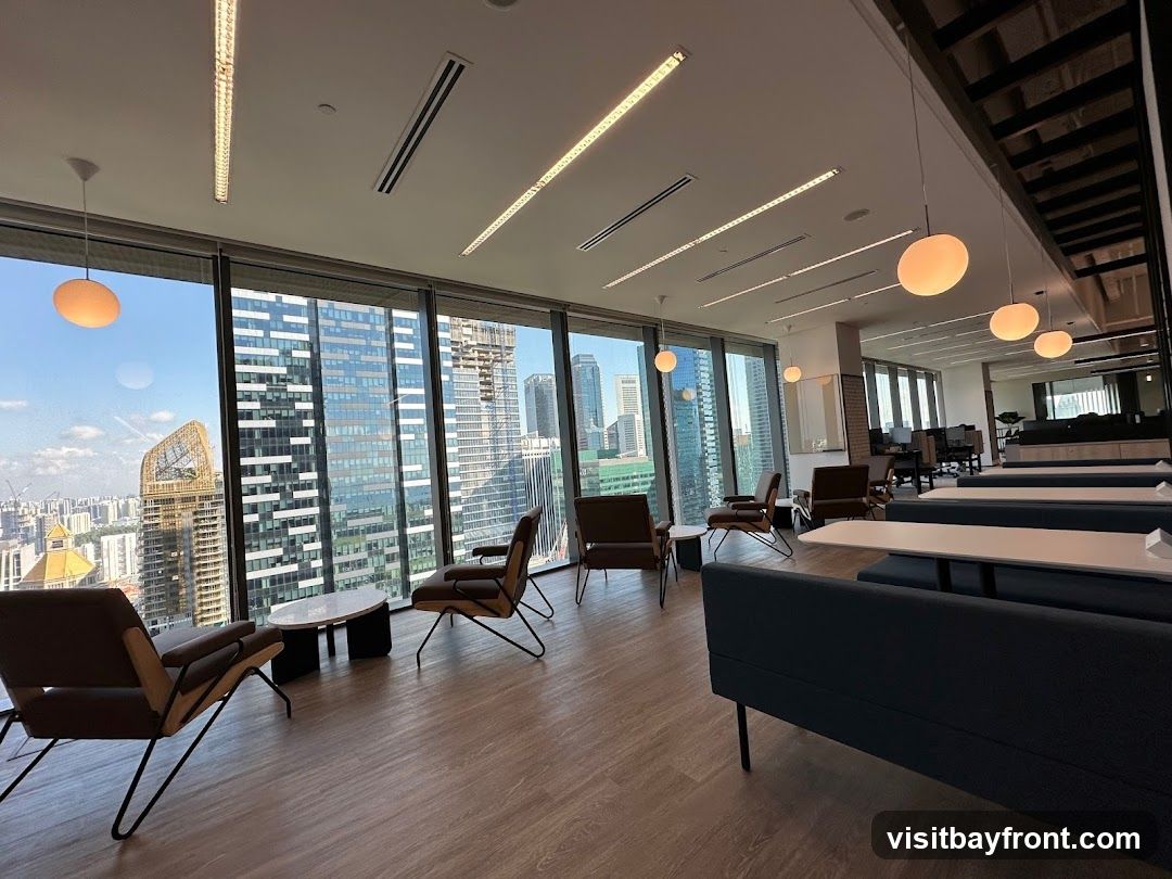 A spacious and modern office lounge area with large windows offering a panoramic view of a bustling city skyline. The room features comfortable seating arrangements, including lounge chairs and sofas, arranged around low coffee tables. Several long, communal tables with benches are also visible, suggesting a collaborative workspace or dining area. The lighting is a mix of recessed ceiling lights and stylish pendant lamps, creating a warm and inviting ambiance. The overall aesthetic is contemporary and minimalist, with a focus on natural light and urban scenery.