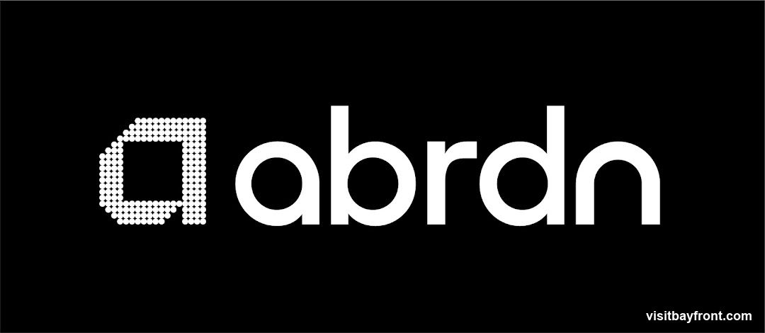 The logo for Abrdn is displayed in white on a black background. The logo consists of a stylized 'a' formed by small white dots, followed by the word 'abrdn' in a clean, sans-serif font.