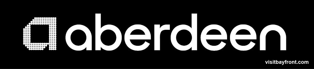 A black background with the word "aberdeen" in white sans-serif font. To the left of the word is a stylized letter "a" formed by a grid of small white dots.