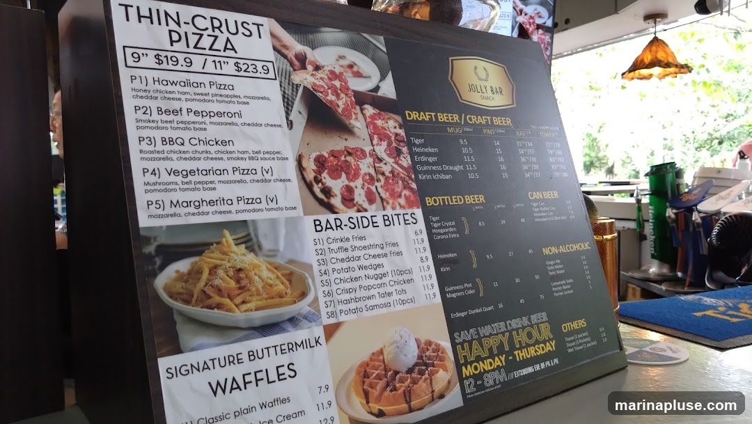 Menu featuring thin-crust pizzas, bar-side bites, signature buttermilk waffles, draft and bottled beers, can beers, and non-alcoholic drinks.