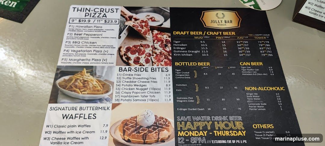 Menu featuring pizzas, bar bites, waffles, draft, bottled, and canned beers, non-alcoholic drinks, and other items.