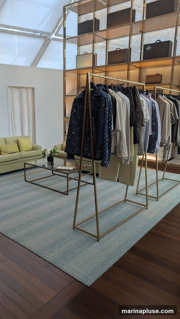 A well-lit interior space with a display of men's clothing on racks. The clothing features intricate patterns and appears to be high-end. In the background, shelves are stocked with various bags and luggage. A seating area with a sofa and coffee table is visible to the left, suggesting a lounge or fitting room area. The overall aesthetic is modern and luxurious.