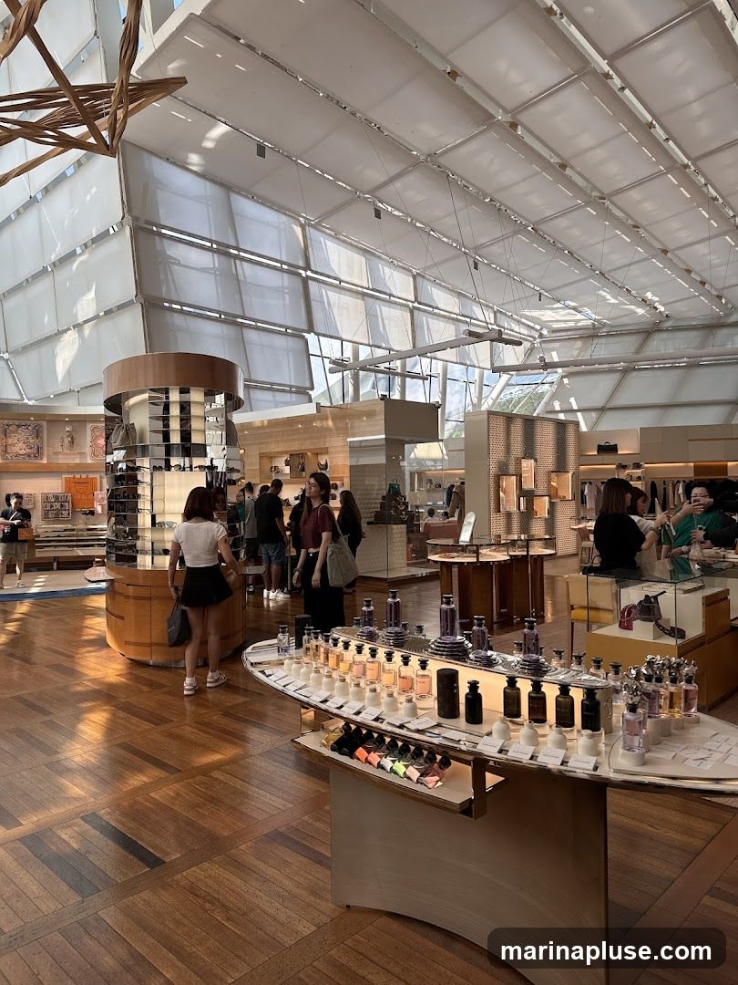 An interior view of a brightly lit, spacious luxury store with a high, angular ceiling. The floor is made of polished wood laid in a parquet pattern. In the foreground, a curved display table showcases numerous bottles of perfume and fragrance testers. In the midground, customers browse various merchandise, including handbags and accessories, displayed on shelves and mannequins. The overall ambiance is upscale and modern.