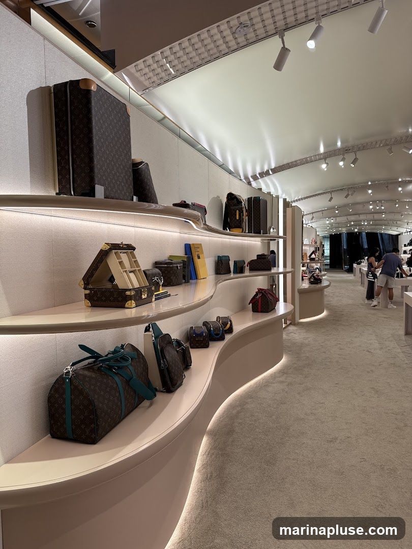 A well-lit interior of a luxury retail store showcasing a variety of designer handbags and luggage. The display features curved shelves with integrated lighting, presenting items such as duffel bags, small crossbody bags, and larger suitcases, all adorned with a distinctive monogram pattern. In the background, other customers are visible browsing the merchandise.