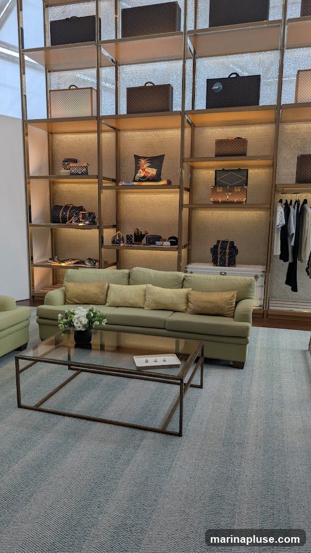A well-lit retail space with shelves displaying various luxury goods, including handbags, luggage, and accessories. A green sofa and a glass coffee table with a tray of rings are placed in the foreground, suggesting a lounge area for customers. Clothing items are also visible on a rack to the right.