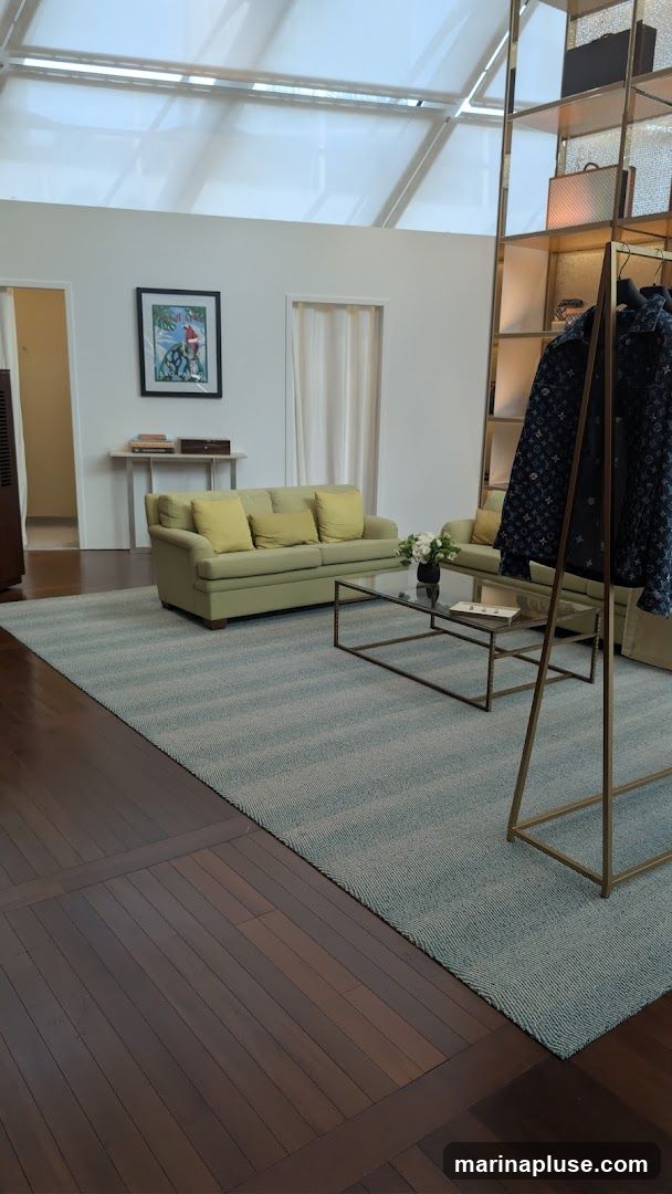 A spacious and elegantly furnished interior, likely a high-end retail store or showroom. The scene features two light green sofas with yellow cushions, a glass-topped coffee table, and a clothing rack displaying a dark jacket with a repeating pattern. Shelving units display various bags and accessories. The flooring is a mix of dark wood and a light blue-green striped rug. A framed picture hangs on the wall, and natural light streams in from a large skylight.
