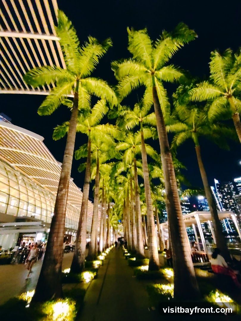 A pathway lined with tall palm trees illuminated by ground lights at night. In the background, a modern building with a glass facade and a row of outdoor seating areas with people are visible. The city skyline can be seen in the distance.