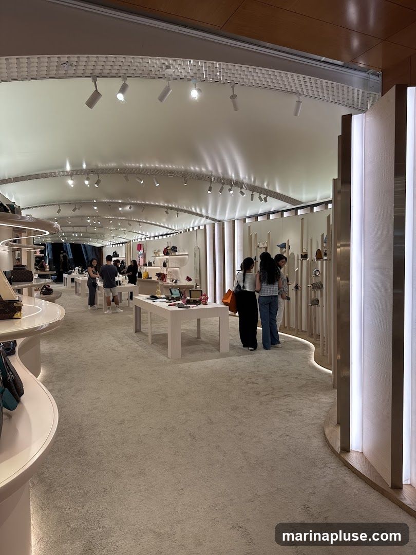 A spacious and modern luxury store interior with soft lighting and minimalist displays. Several customers are browsing the merchandise, which includes handbags and accessories. The store features curved display tables and shelving units, with a plush carpeted floor.