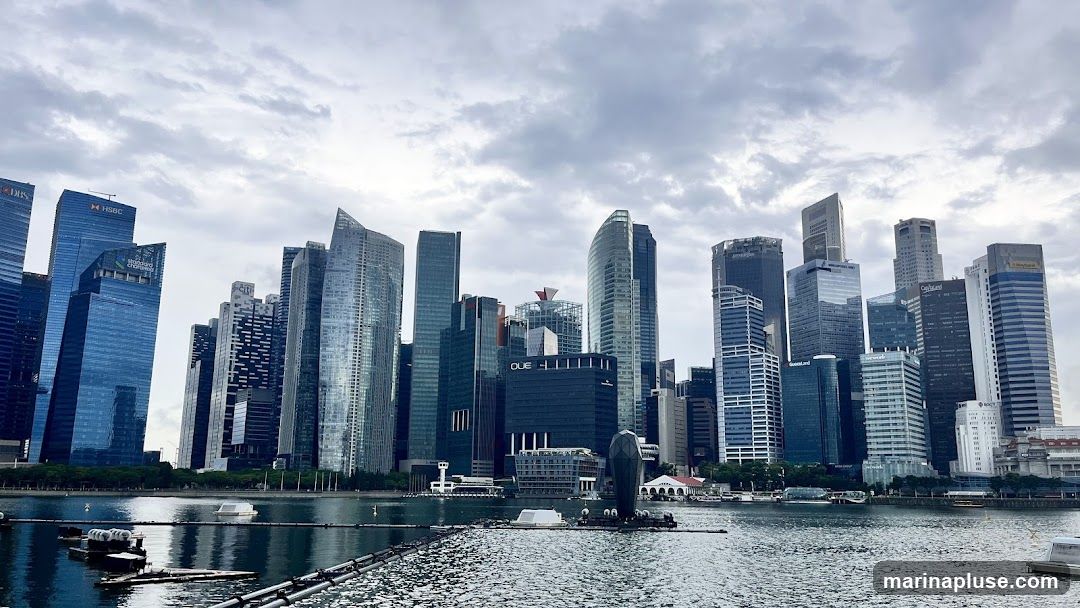 A panoramic view of the Singapore skyline with numerous modern skyscrapers and a body of water in the foreground. The sky is overcast with clouds. Several buildings have visible company names such as DBS, HSBC, and Standard Chartered.