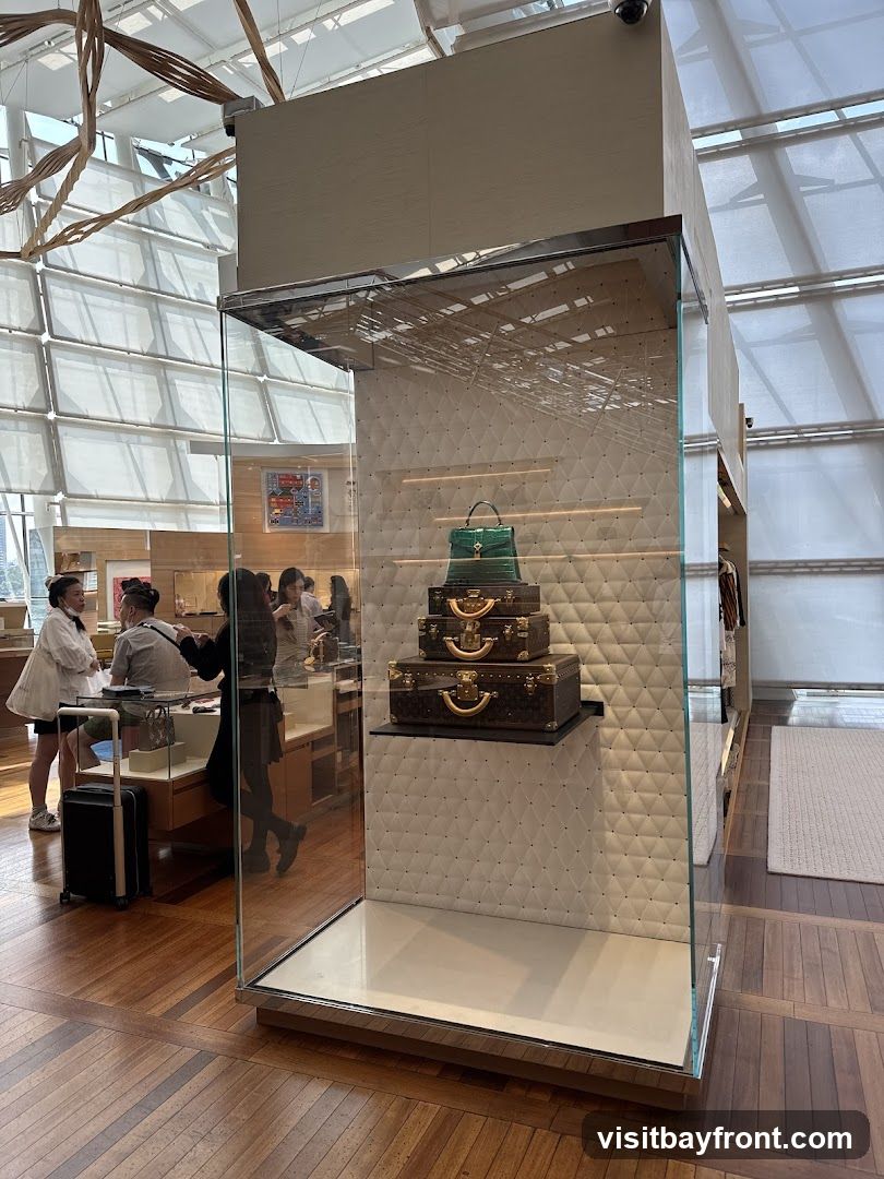 A display case showcases stacked Louis Vuitton luggage and a green handbag. In the background, customers interact with staff in a well-lit retail environment with wooden floors and a modern ceiling structure.