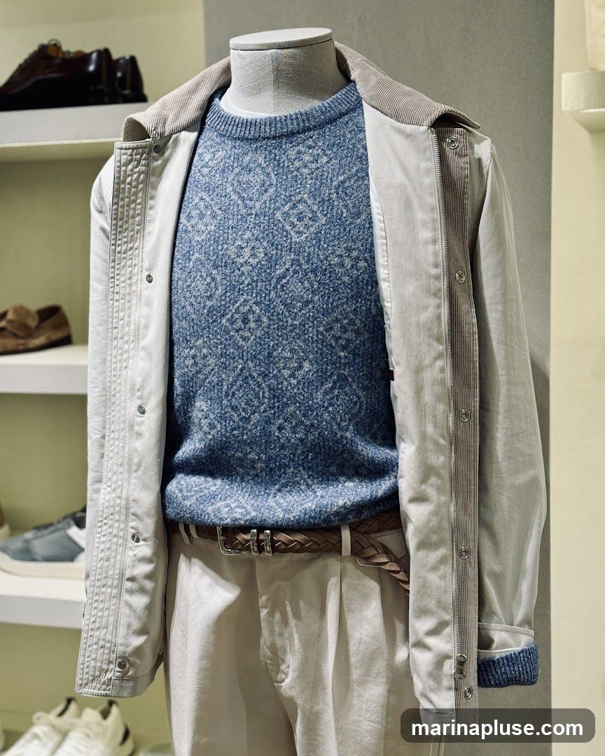 A mannequin is dressed in a blue patterned sweater, a light-colored jacket with corduroy accents, and light-colored trousers. A braided brown belt with a silver buckle cinches the waist. In the background, shelves display various footwear.
