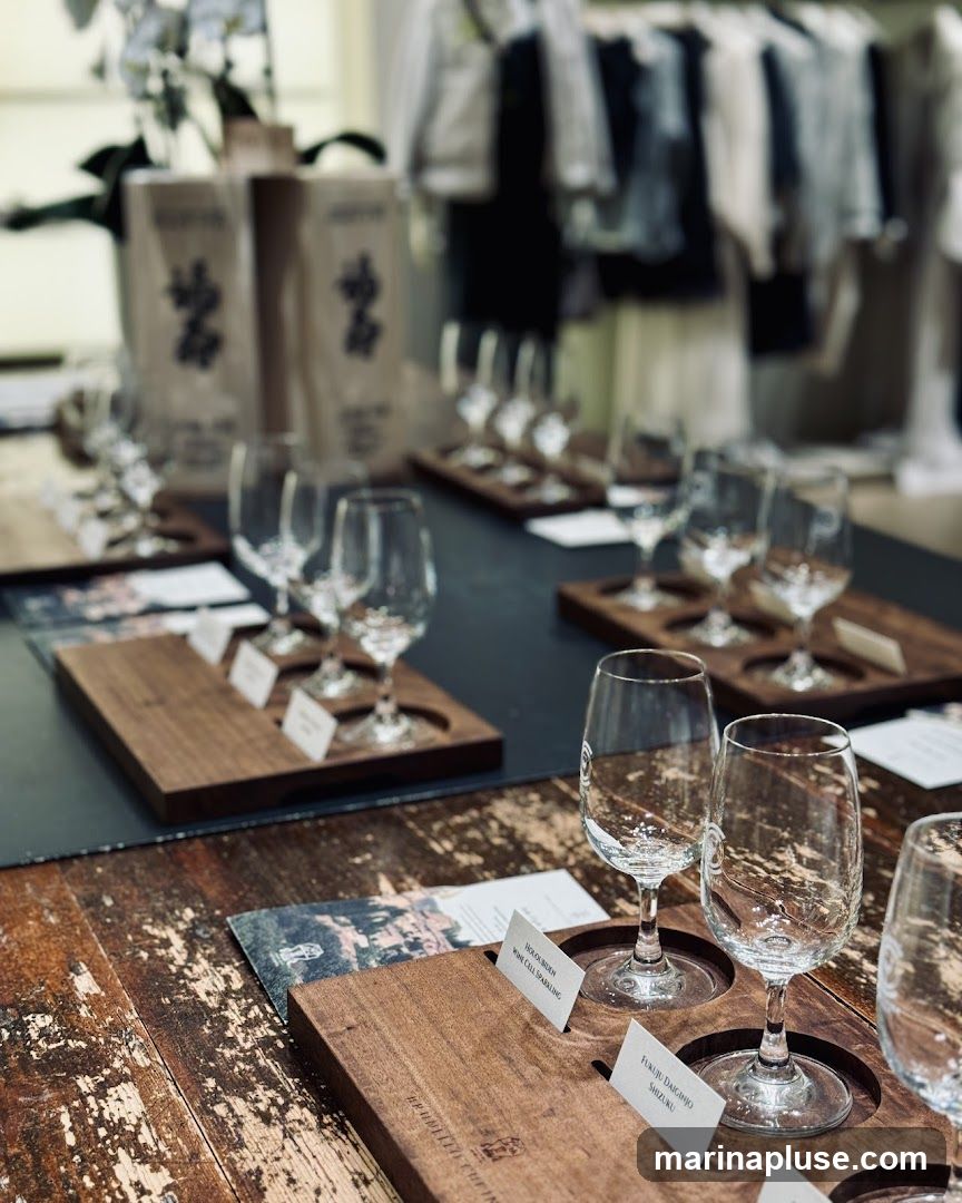 A close-up shot of a wine tasting setup with multiple wine glasses arranged on wooden boards. In the background, there are bottles with Japanese characters and a rack of clothing. Small white cards with text are placed in front of some glasses.