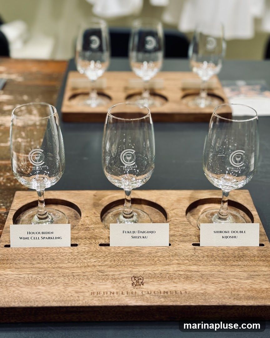 A tasting setup with multiple wine glasses on wooden trays. Each glass has a logo that reads 'Beverage Clique'. Small cards in front of the glasses label the drinks: 'Hououbidan Wine Cell Sparkling', 'Fukuju Daiginjo Shizuku', and 'Shiroku Double Kijoshu'. The wooden tray also has 'Brunello Cucinella' embossed on it.