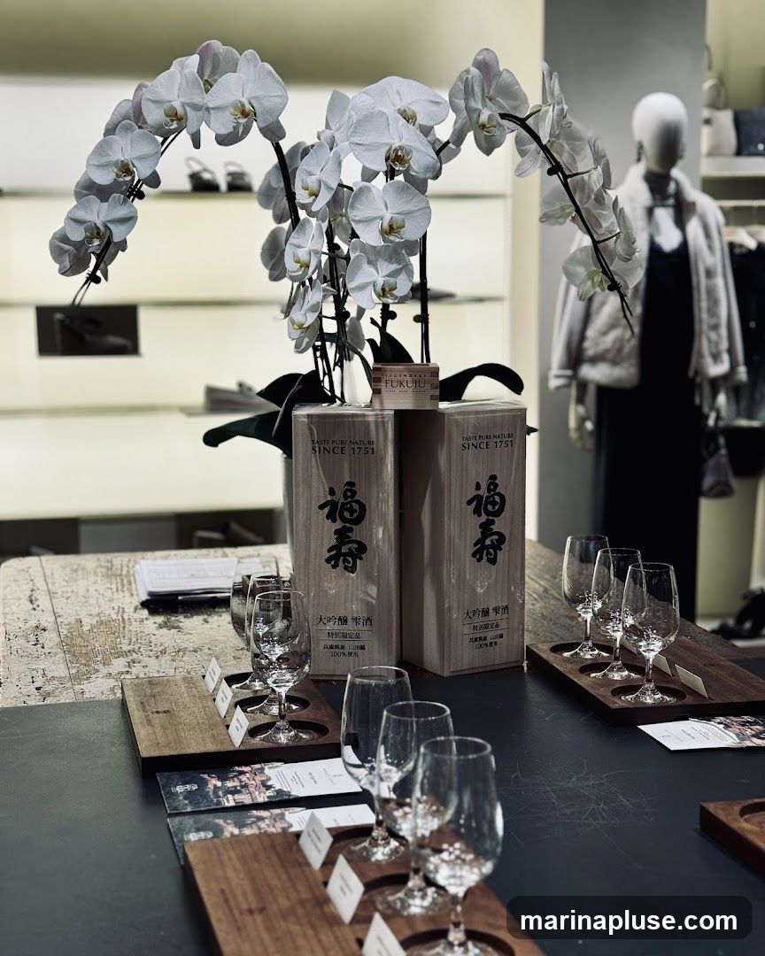 A display of sake bottles, tasting glasses, and orchids is set up on a table. In the background, a mannequin is dressed in a white fur coat and black dress, with shelves of merchandise behind it.