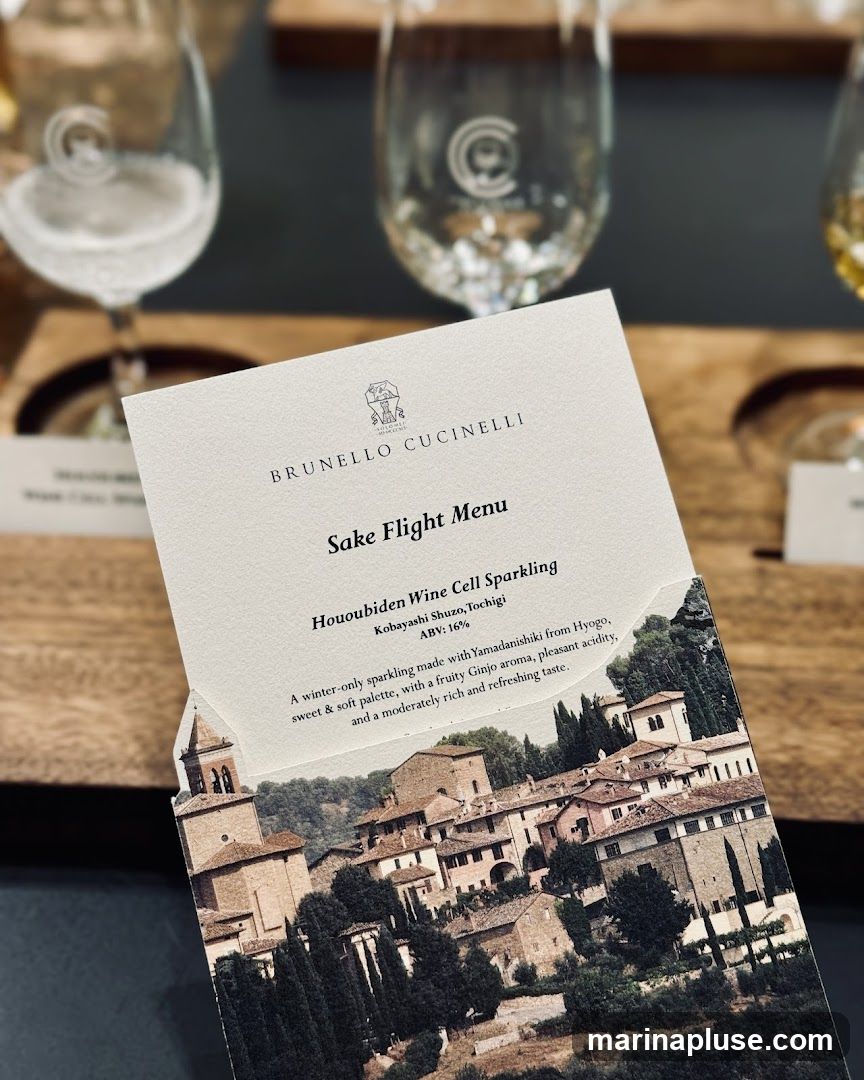 A menu for a sake flight from Brunello Cucinelli, featuring Hououbiden Wine Cell Sparkling.