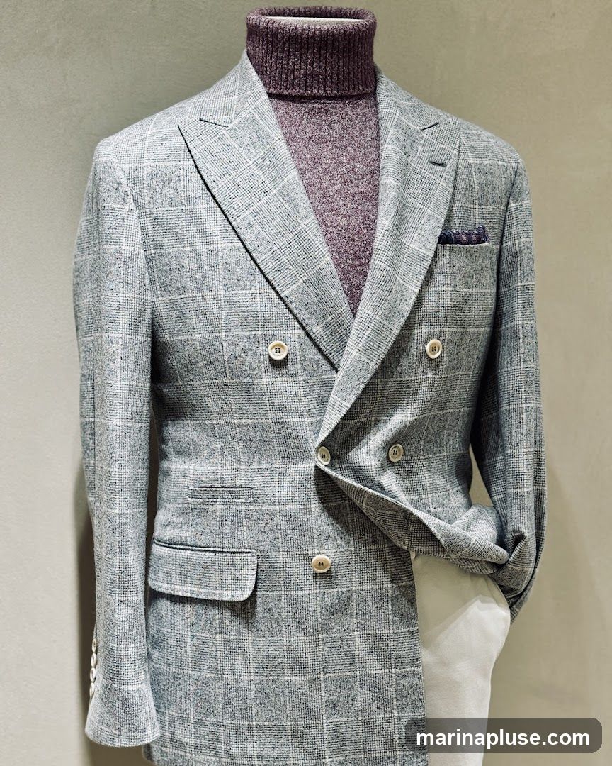 A mannequin is dressed in a light grey double-breasted blazer with a subtle plaid pattern. The blazer features white buttons and a purple turtleneck sweater underneath. A patterned pocket square is visible in the breast pocket. The background is a plain, textured wall.